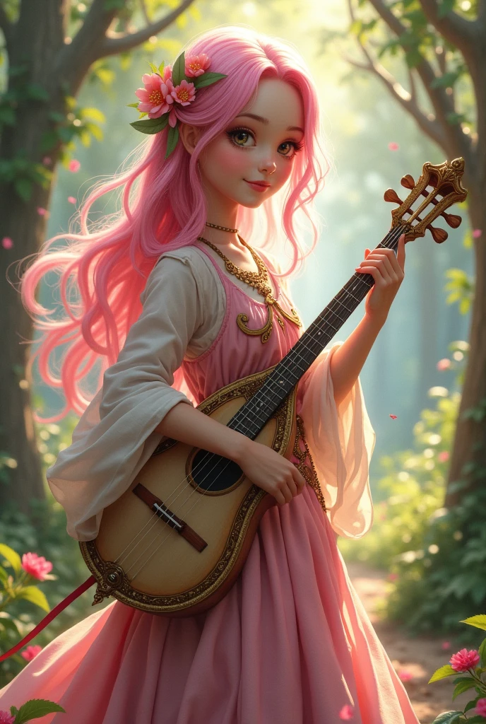 A very young and cheerful girl, She is an RPG character, Her hair is pink and she has arcane markings scattered across her body like mystical tattoos touch she is the daughter of a fairy, She has elegant clothes for a musician because she is a bard, She has a lute and a beautiful rapier
