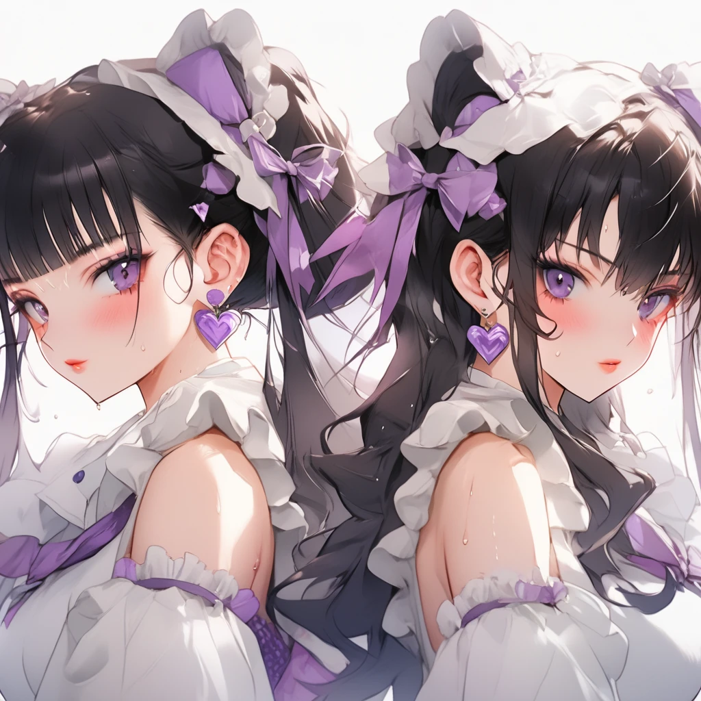 Two beautiful women in white idol costumes are facing this way, their backsides sticking out, sweating and drenched.。Looking from below