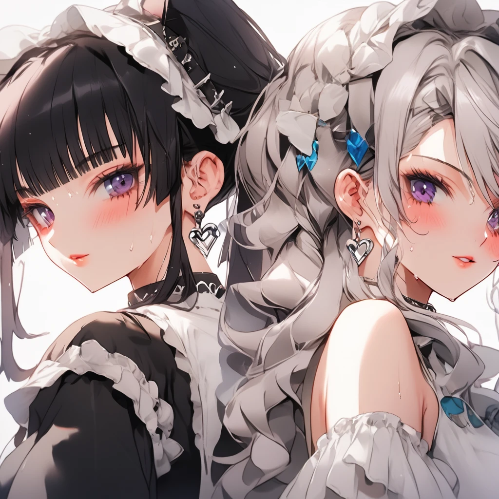 Two beautiful women in white idol costumes are facing this way, their backsides sticking out, sweating and drenched.。Looking from below