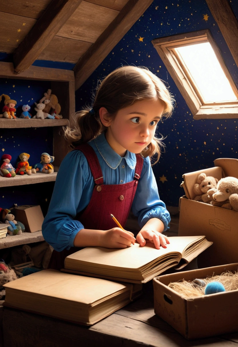 A girl exploring her grandmother's attic. Show old boxes, forgotten toys and a slightly dusty and magical environment. The attic should have soft lighting that highlights the old notebook covered in dust with a bright dark blue cover of stars and clouds. The girl should appear fascinated when she finds the notebook.