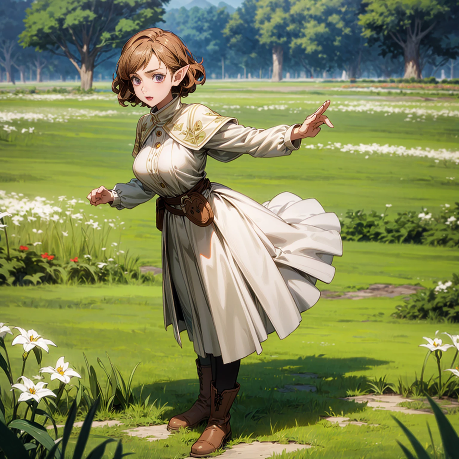 Solo character, full body version, young girl, (elf), purple eyes, brown hair, Bob haircut, curly haircut, Victoria dress clothing, boots, outdoor, field, medieval, morning, standing gesture, detailed background, detailed clothing, detailed hair, (Bleach style art, Doraemon style art), happy eyes, big breast