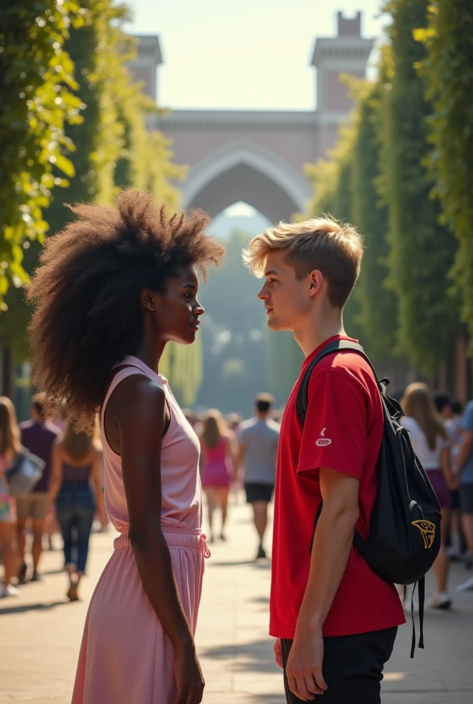 A university setting in the background and in front a ager with black skin and curly dark hair, Behind her is a teen with fair skin and wavy brown hair, On the opposite side in the front there is a blonde with straight hair and pink clothes and faces, Behind her is her boyfriend, Blonde and wearing an American football team jersey, The two couples have a rivalry