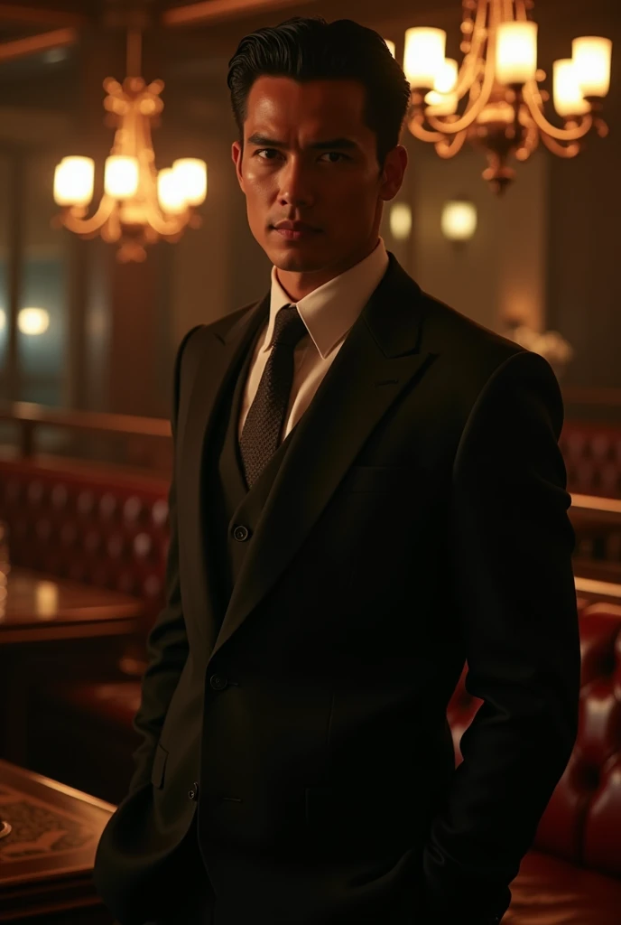 a tall mafia boss half Italian half Chinese with black hair around 20