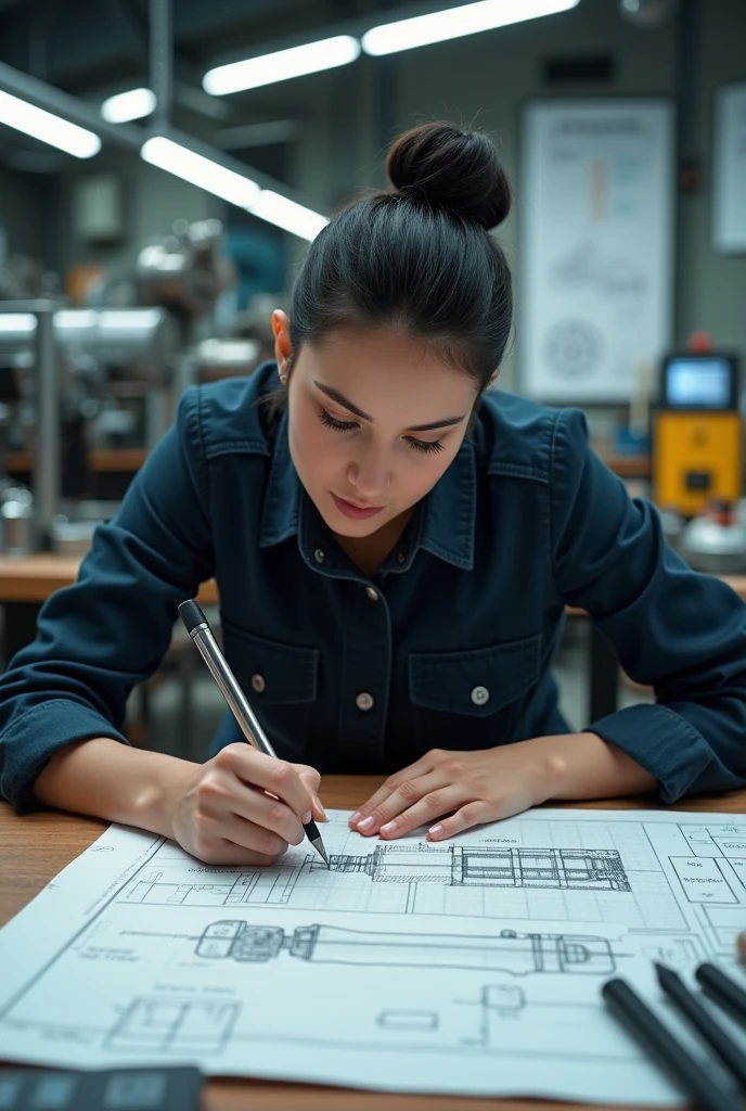 an image of a female mechanical engineer with black hair who is making a blueprint with her measurements of an axle and her calculations
