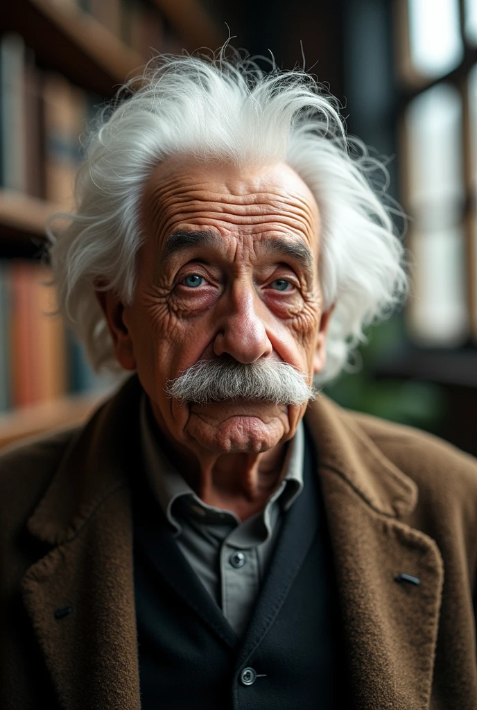 Create an image of a man resembling Albert Einstein staring intently at the camera.