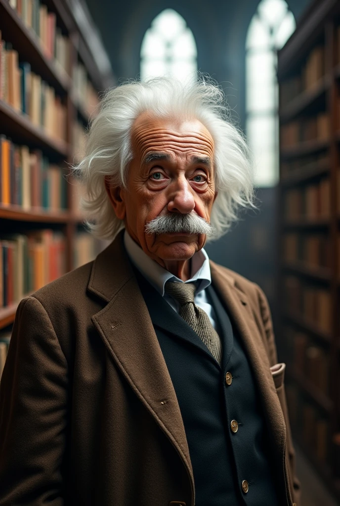 Create an image of a man resembling Albert Einstein staring intently at the camera. 