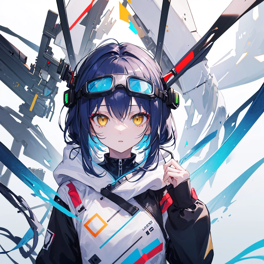 ((Highest quality)), ((masterpiece)), (detailed), ((Highest quality)), ((masterpiece)), (detailed), 1 girl, sexly, yellow eyes, long hair, twintails, whole body, Portrait of a stylish 20 yo woman software engineer, ((with smart goggles)), white Futuristic clothing with blue and red accent colors, hoodie, simple background
