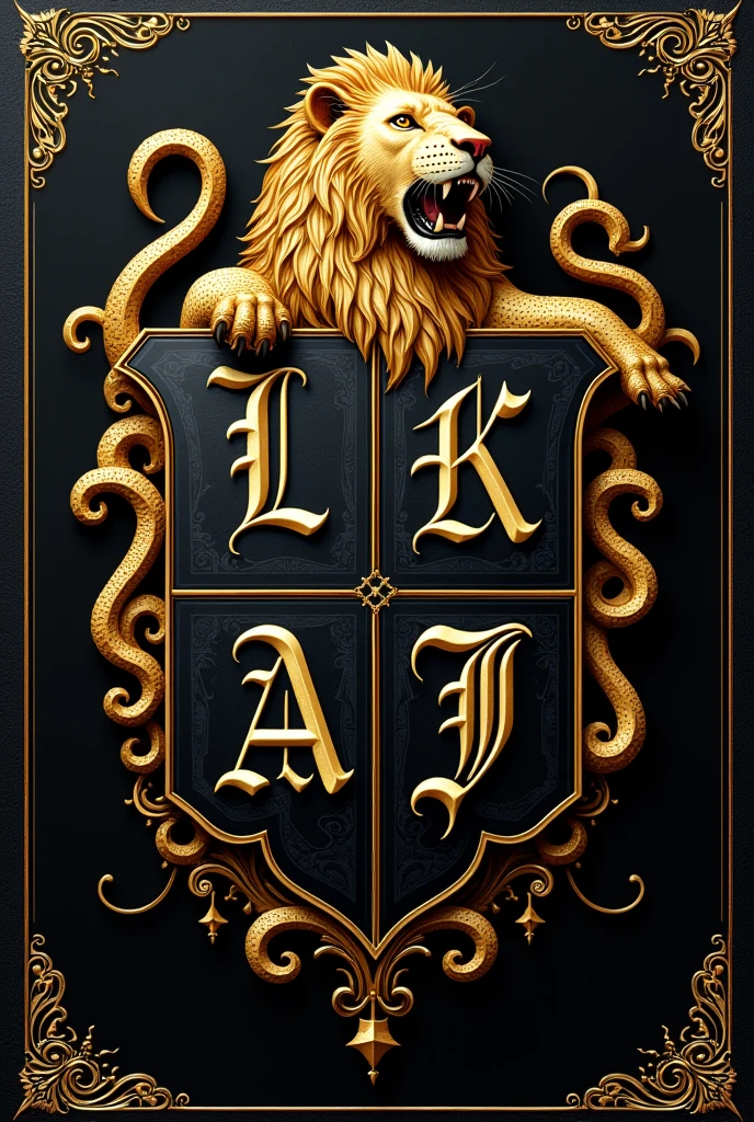 A coat of arms in the shape of a shield divided into four parts, on the upper left side,a lion often used in coats of arms, on the upper left side, a letter L in gothic format, on the lower left side a snake in the same style as the lion, in the lower right corner, a letter A, at the bottom of the lion and the snake, the shield will be black, and the golden animals, at the bottom of the letters,the shield will be golden, and the black letters