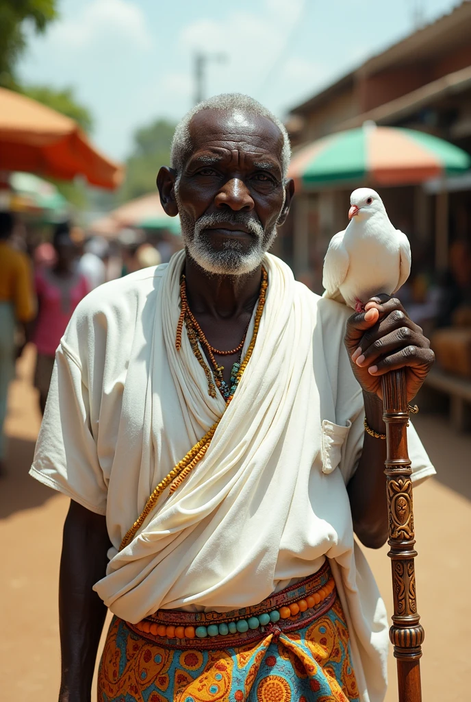 An elderly black man with a very hunched back wearing traditional white Yoruba women's clothing, with a richly decorated cane and a white dove on his shoulder.