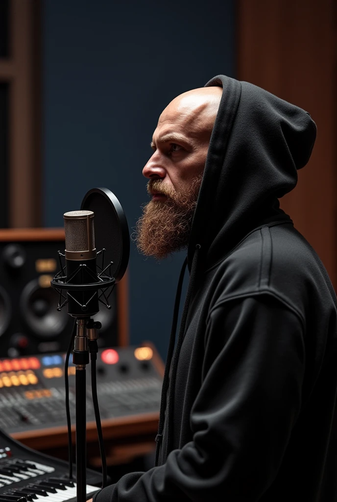 Music recording studio, a large dark room and a man next to a recording microphone, a bald white man, a sports hood covers part of his head, not very long brown beard, his facial features are not very visible due to the low light, He's wearing a sports sweater