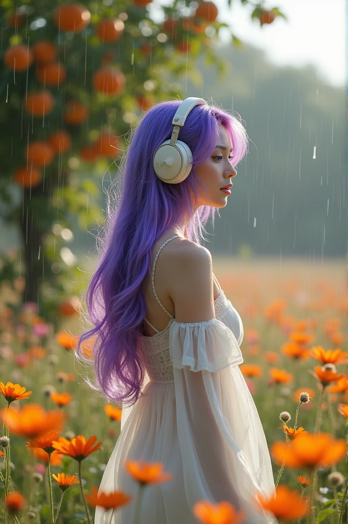 Korean purple hair butterfly woman with headphone in a field with an orange tree and white dress rain falling transparent outfit perfect body 