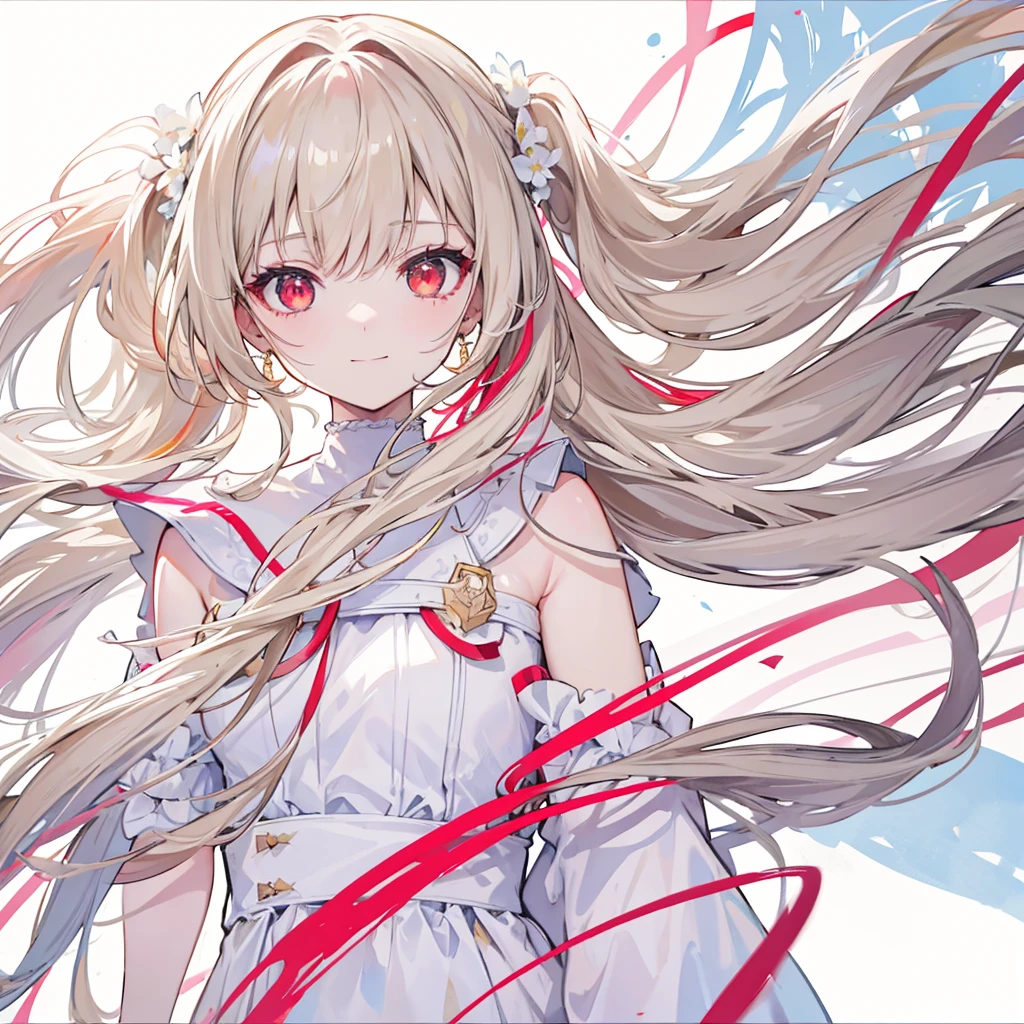 High resolution, One person, solo, Long Hair, Twin tails,Red eyes,Beige hair,
Highest quality, masterpiece, High-resolution model, Long Hair, Shiny Hair, Sparkling eyes, Lonely, smile, disposal、watercolor、Light color scheme、White dress、Simple Background, Close-up, Part of the picture goes outside the frame, Lots of white space, watercolor画,White flower