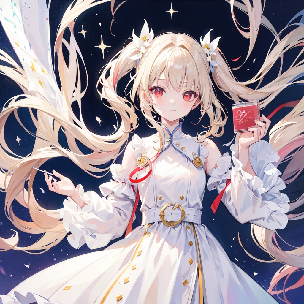 High resolution, One person, solo, Long Hair, Twin tails,Red eyes,Beige hair,
Highest quality, masterpiece, High-resolution model, Long Hair, Shiny Hair, Sparkling eyes, Lonely, smile, disposal、watercolor、Light color scheme、White dress、Simple Background, Close-up, Part of the picture goes outside the frame, Lots of white space, watercolor画,White flower