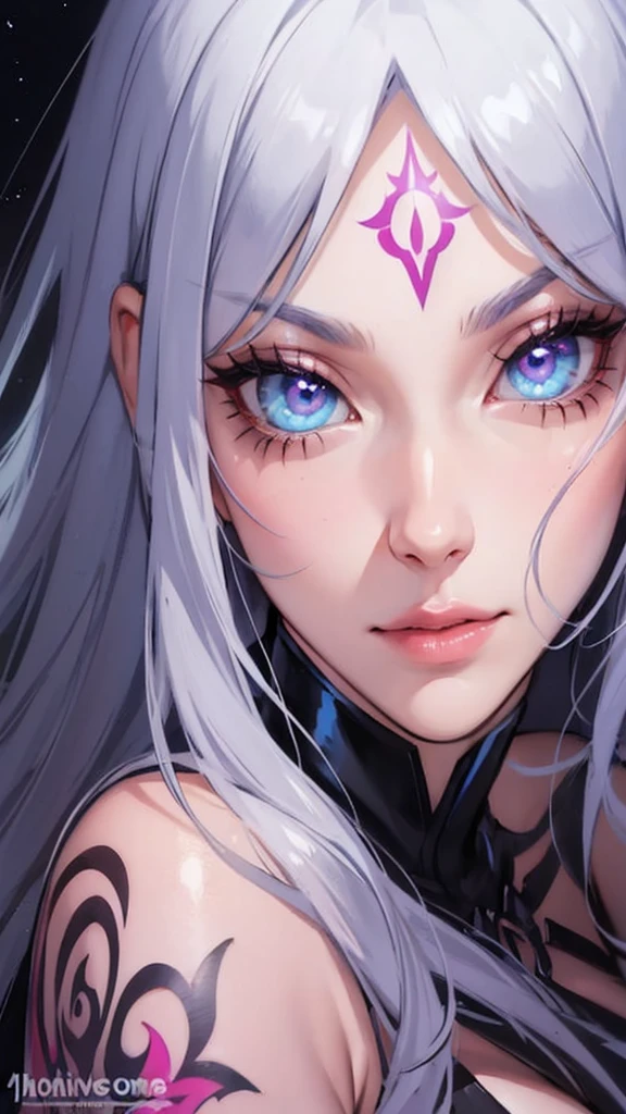a girl with white hair and blue eyes, in the style of dark purple and light pink, anime-inspired portraits, hyper-detailed artwork, 8k resolution, long hair, blue eyes, forehead mark, facial mark, portrait, closed mouth, eyelashes, makeup, grey hair, bangs, parted bangs, close-up(eye arts:0.7)(eyes arts:0.7)(uhd 4k eye:0.7)