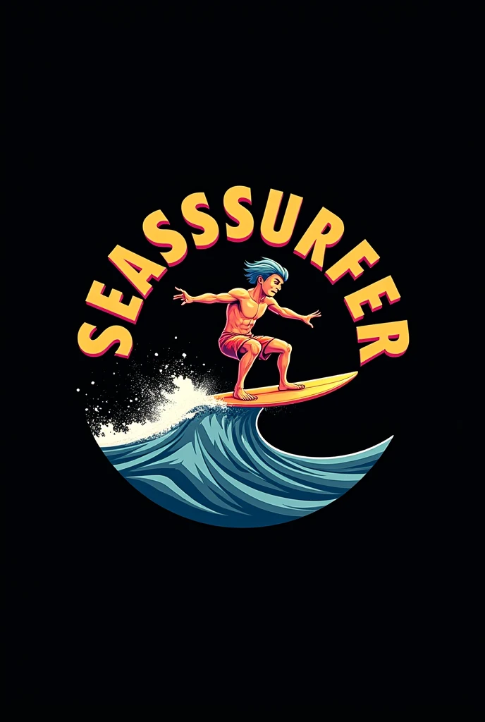 a circle logo, a surf mascot, "SEASSSURFER" text in the middle with triple S, black background, detailed logo design, intricate design, minimalist style, clean lines, (best quality,4k,8k,highres,masterpiece:1.2),ultra-detailed,(realistic,photorealistic,photo-realistic:1.37),professional,vivid colors