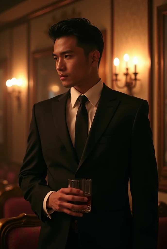 a tall mafia boss italian but a little a bit of Chinese with black hair around 20 but more focused 