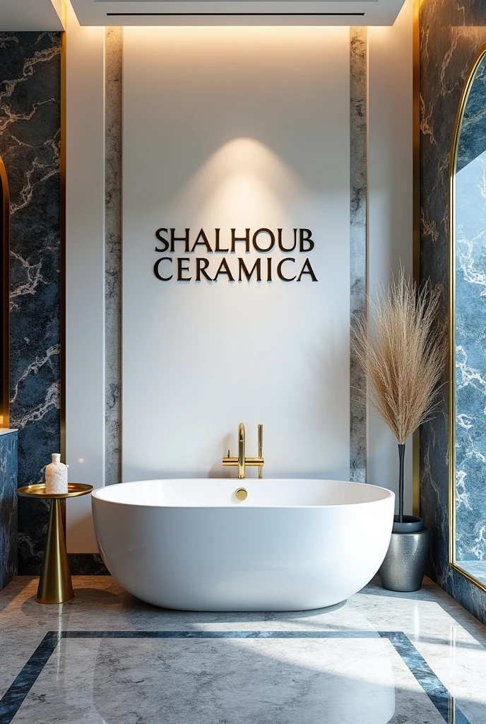 Write “SHALHOUB CERAMICA” on the wall in bathroom and around it luxury tiles, Marble, granite.