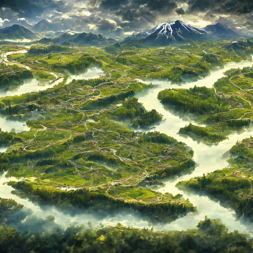 big game map with the following seperated elements: nature habitats, city habitat, desert, volcano, islands, snow mountain, flying city, oriental city, scifi city, church, pagoda, tropical, seaport, abyss, valley, snow zone, death land, mountain area, meadow