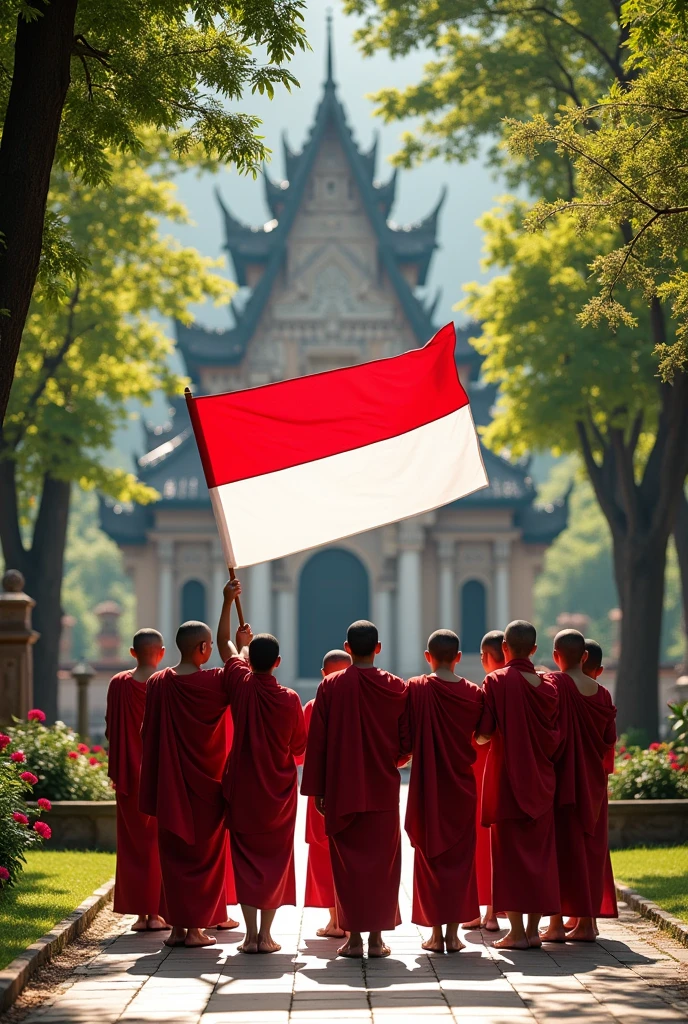monks and nuns gathered together holding the Indonesian flag