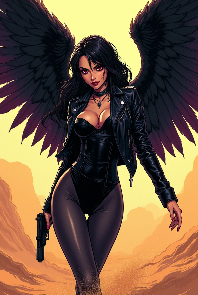 anime line art:1.5,plano general, whole body, Pay attention, Rebel Angel, Big black wings, black leather jacket:1.4, The eyes, dark and torn, ((only 1 dark and malevolent woman from the underworld evil smile, squinted eyes:1.3)), Bodycon Leather Clothing Black Leather Jacket,beautiful muscular body, fierce expression, holding a gun, (colors in your clothes, warm, orange, yellow, violet: 1.3), standing in a desolate field, dramatic lighting, intense shadows, sandy texture , high contrast, vibrant colors, dynamic pose, powerful posture, rough background, explosive atmosphere, dystopian theme, surreal elements, digitally painted illustration, high definition resolution, intricate details, dramatic composition, avant-garde and chaotic brushstrokes, Gothic style, intense emotions, Scale epic, raw and gritty feeling, Captivating and provocative works of art.....pants_v1c