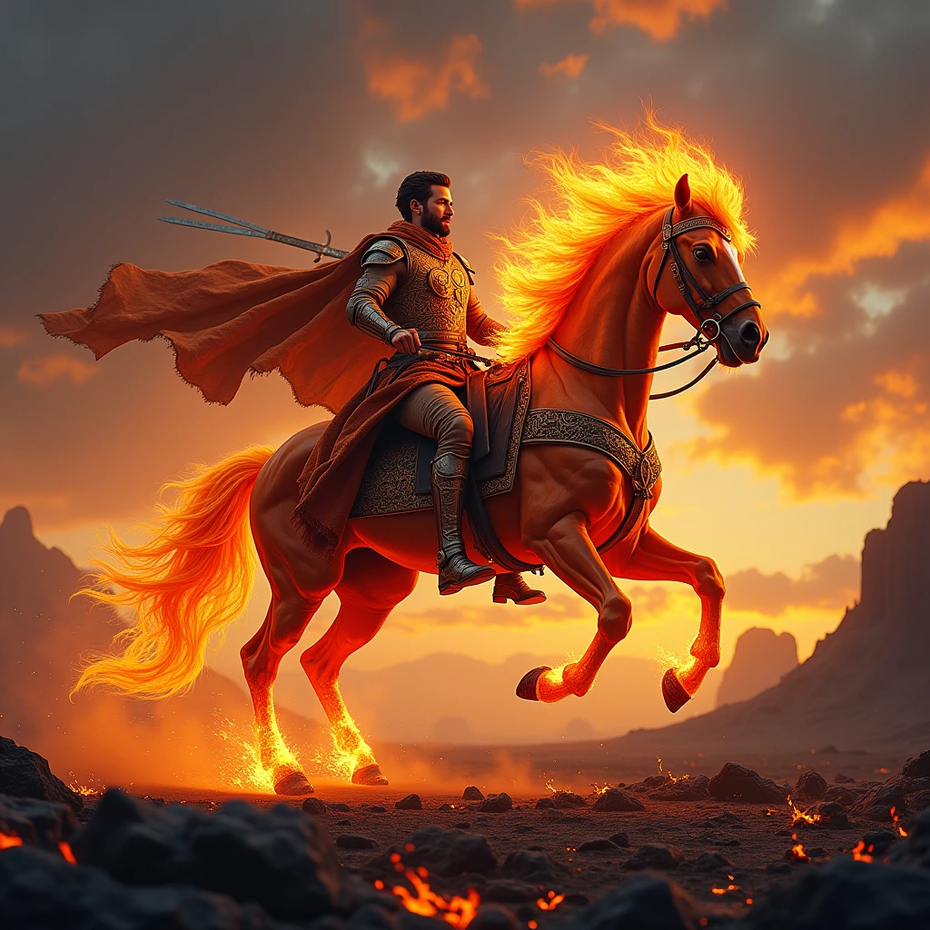 Generate illustrative image of riding fire horse