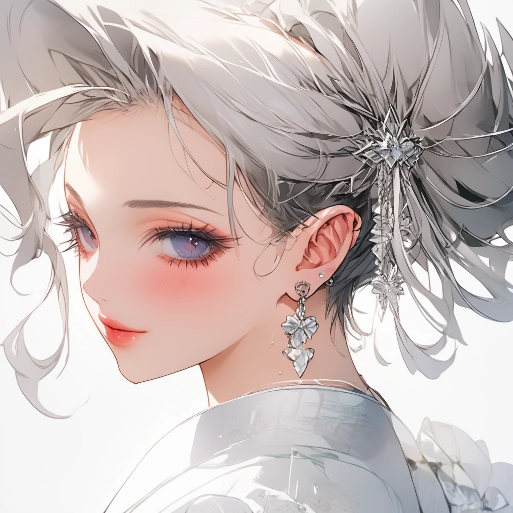 A beautiful woman wearing a white idol costume is sweating profusely, with her butt sticking out towards us.