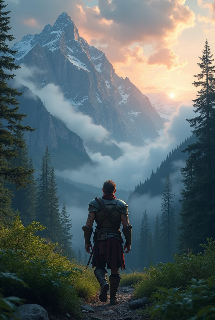 A vast mountain landscape with high, cloudy peaks, a dense and mysterious forest in the background, and a starry sky that becomes clearer with the dawn on the horizon. The scene combines the majesty of the mountains and the serenity of the forest with the promise of a new beginning..

 The hero is in the center of the image, In the foreground, moving forward with determination. Wear light armor or travel clothes, with visible scars on his skin suggesting past battles. His expression is a mixture of courage and wisdom..