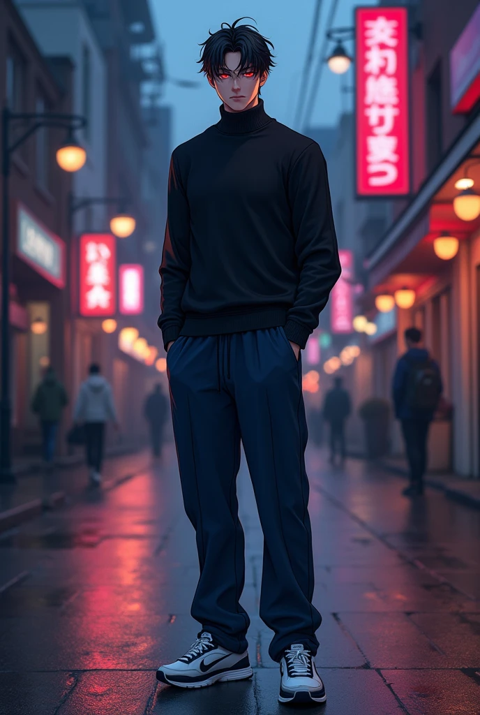 1guy, anime, male, dark red eyes, handsome guy, with black sweater and long dark-blue pants, Nike sneakers, standing, emotionless, fair skin tone