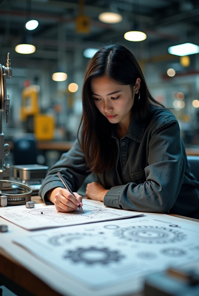 an image of a female mechanical engineer with black hair, Brunette looking at the plan because she is making a plan with her measurements of an axis and her calculations

