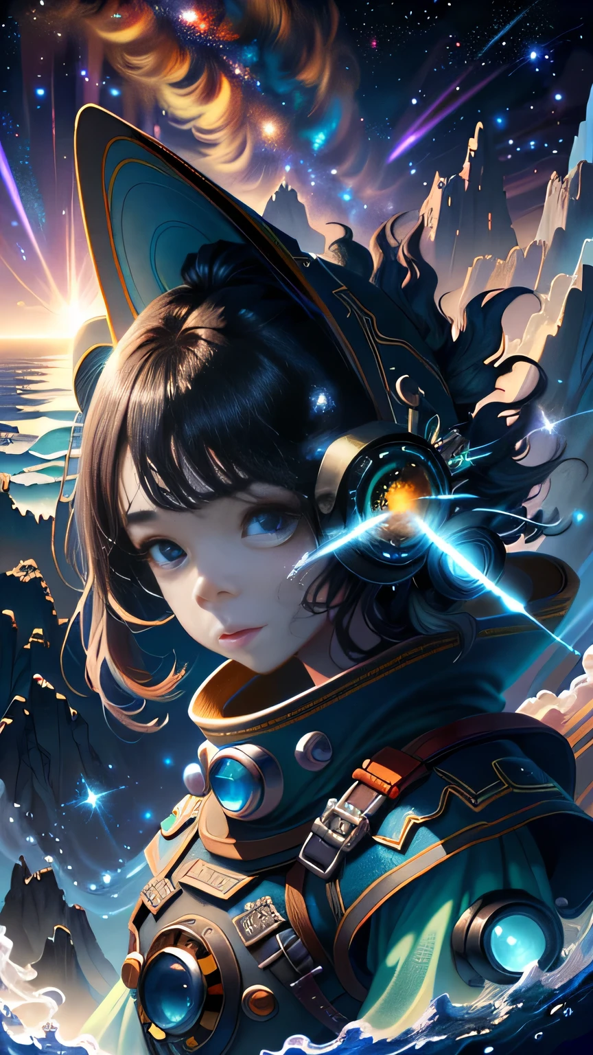original,Highest quality, (masterpiece), Very detailed, (Illustrations for novels:1.2), (Korean webtoon style:1.2), (Bold Line), (High resolution:1.2), Dramatic Light, One Girl,Flat Chest,Young face,Young body, observatory, looking at space through long Telescope, space, shooting star, thin lines amidst the planets, Look up, Beautiful Face, gear,Fantasy,On a different planet,A massive and beautiful spaceship stands still.,The spaceship is broken,Outside the spacecraft, There are a lot of wrecked spaceships,Expansiveness,Great details,Cinema lenses,Wide-angle composition,Hazy,A starry sky,Indian mythology,laser,Aurora,Shattered rocks fly everywhere.,Fantasy、another world、Starry Sky、3 months、Two Saturns、shooting star、milky way、Multicolored clouds、another world、Expansive ocean、Big waterfall、Countless islands floating in the sky々、Vast views、Wide-angle lens、A view looking down from a high hill. Realistic blurred background. 4K Full HD 60 FPS、Realistic lighting