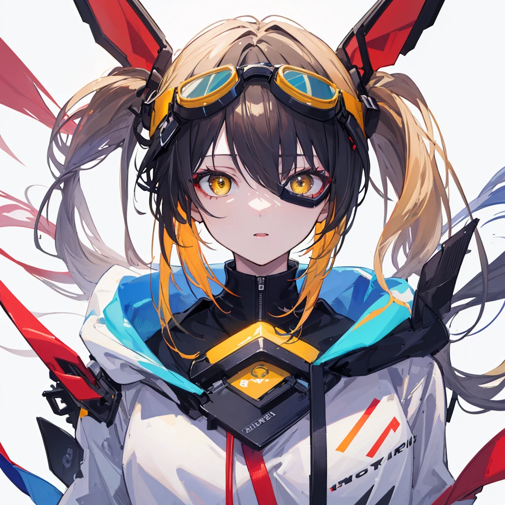 ((Highest quality)), ((masterpiece)), (detailed), ((Highest quality)), ((masterpiece)), (detailed), 1 girl, sexly, yellow eyes, long hair, twintails, whole body, Portrait of a stylish 20 yo woman software engineer, ((with smart goggles)), white Futuristic clothing with blue and red accent colors, hoodie, ((simple background)), 