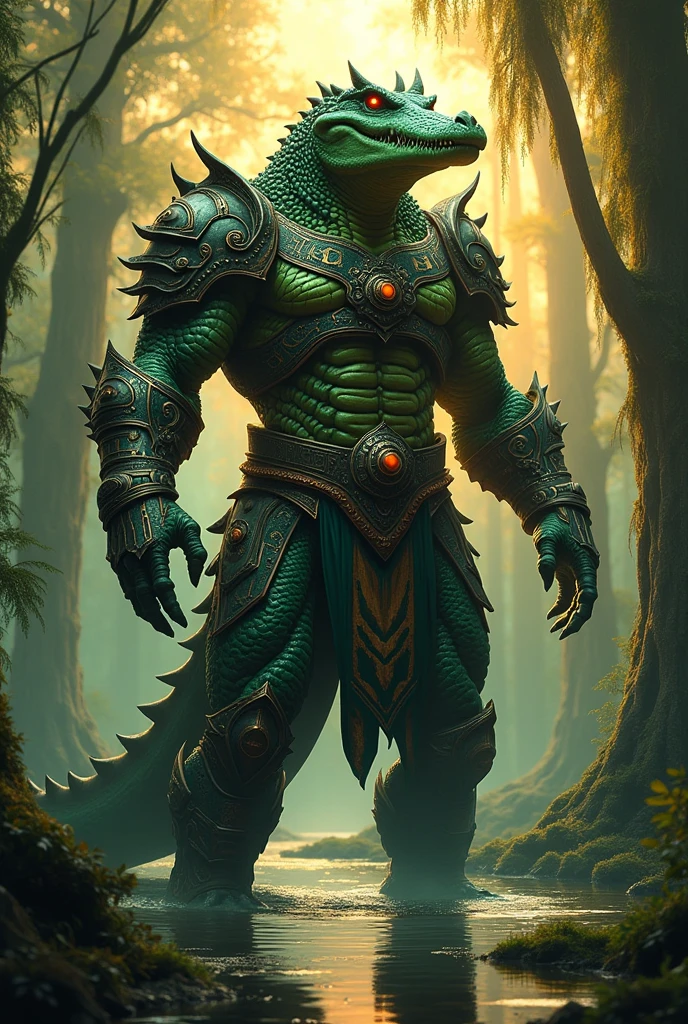 The style of the hero is that of a humanoid crocodile with red eyes and large armor covering his entire body. 