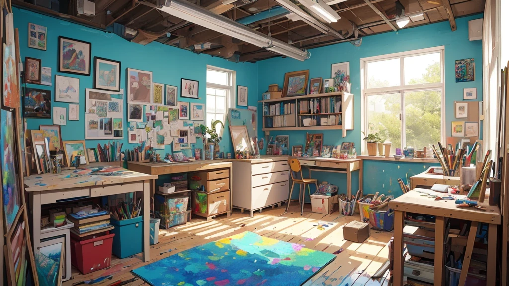 An art studio background showcasing a vibrant and creative space filled with colors and artistic tools. The scene includes easels with partially finished paintings, scattered brushes, and paint tubes. The walls are adorned with splashes of paint and sketches, adding to the creative chaos. Various art supplies are strewn across tables and shelves, creating an inviting and inspiring atmosphere for artistic expression