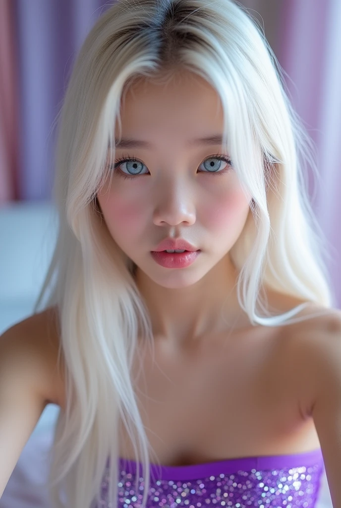 (photorealism:1.2), Korean girl, with long straight platinum hair, and blue eyes, pouting, she wears a violet strapless top with glitter, selfie closeup
