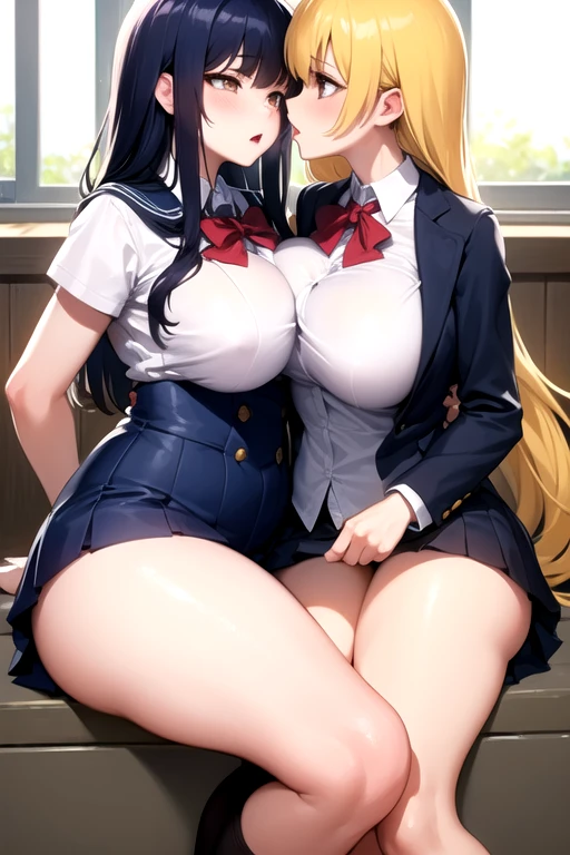 Lesbian (very long loose yellow hair)(big breasts, big thighs)(with school uniform clothes it is very tight) that he is kissing and touching his parts at school with his girlfriend(that they are in a very sexy and compromising position with their girlfriend(big breasts, big thighs)lesbian love