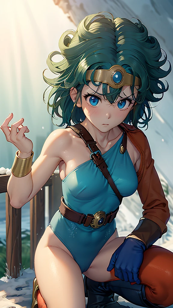 (((SFW、sound、Highest quality、Top notch work、Normal body、、Detailed face、Ultra-precision、Normal hand、のrefer、5refer、Highest)))、beautiful girl、Green Hair、yamato nadeshiko、Small breasts、Shortcuts、Blue leotard、Muscular、Red Cape、Circlet、Dragon Quest、Female Heroes、 Fight、Fight準備完了、((Executed perfectly:Frame yourself from head to toe,Standing posture,Draws in great detail、There is no anatomical problem))、(((A snowy grassland)))、(((Snowstorm:1.5)))、(((Kneeling、Shivering from the cold:1.4)))