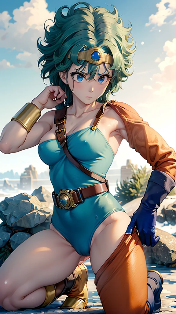 （（（ＳＦＷ、sound、Highest quality、Top notch work、Normal body、、Detailed face、Ultra-precision、Normal hand、のrefer、５refer、Highest）））、beautiful girl、Green Hair、yamato nadeshiko、Small breasts、Shortcuts、Blue leotard、Muscular、Red Cape、Circlet、Dragon Quest、Female Heroes、 Fight、Fight準備完了、((Executed perfectly:Frame yourself from head to toe,Standing posture,Draws in great detail、There is no anatomical problem))、(((A snowy grassland)))、(((Snowstorm:1.5)))、(((Kneeling、Shivering from the cold:1.4)))