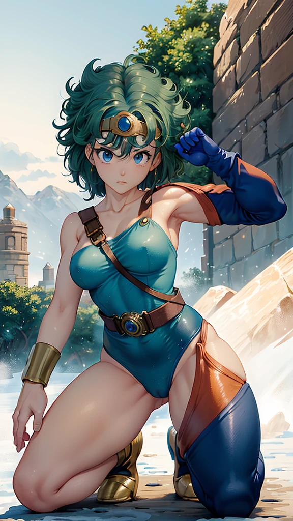 (((SFW、sound、Highest quality、Top notch work、Normal body、、Detailed face、Ultra-precision、Normal hand、のrefer、5refer、Highest)))、beautiful girl、Green Hair、yamato nadeshiko、Small breasts、Shortcuts、Blue leotard、Muscular、Red Cape、Circlet、Dragon Quest、Female Heroes、 Fight、Fight準備完了、((Executed perfectly:Frame yourself from head to toe,Standing posture,Draws in great detail、There is no anatomical problem))、(((A snowy grassland)))、(((Snowstorm:1.5)))、(((Kneeling、Shivering from the cold:1.4)))