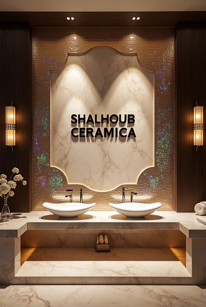 Write “SHALHOUB CERAMICA” on the wall and around it luxury tiles, Marble, granite and basins.