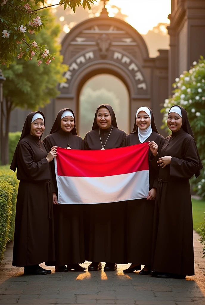 Catholic s and nuns gathered together holding the Indonesian flag
