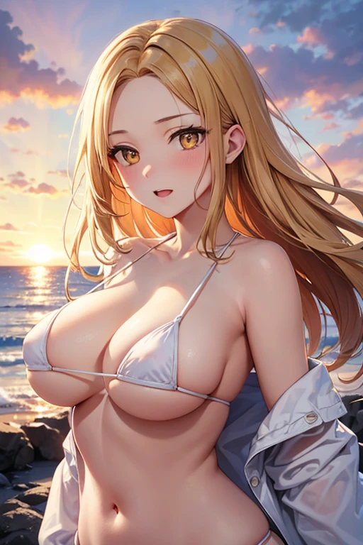 One Woman, Highest quality, masterpiece, Super Resolution, super high quality, Large Breasts, Idol, Beauty, ((From the front 1.2)), Cleavage, 8k, High resolution eyes, High-resolution contours, ((Forehead visible 1.3)), Stylish, High-resolution pupils, blush,  High resolution face, High resolution breasts, Ultra HD, Open your mouth, Upper Body, High resolution mouth, Sexy body, ((coolな顔1.2)), ((Hanging 1.2)), Broken bangs, Yellow Eyes, model, Mature Woman, Adult women, Beautiful clavicle, High resolution hair, Mother, maternal,  Married Woman, couple, super beautiful, Charm, Alluring, Blonde, Textured skin, Textured Breasts, Micro Bikini, Underboob, Sideboob, Beach, sunset, ((Breakdown 1.5)), cool, 