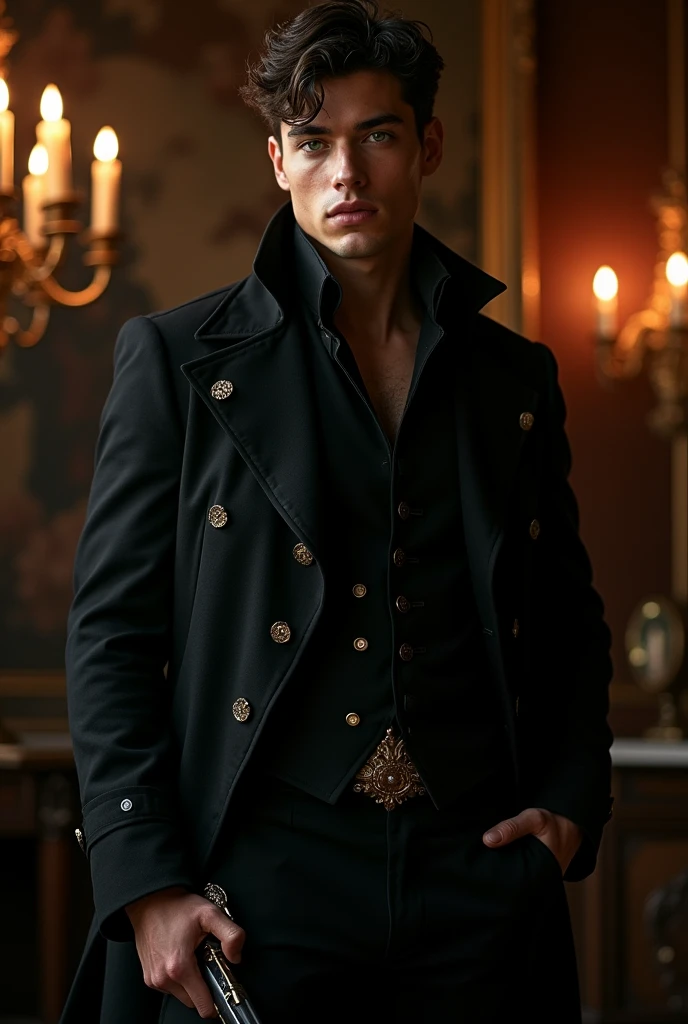 Men, short dark brown hair, 24 years, right hand of a duke, victorien style, from the 1721, comes from Wales, green eyes, vampire atmosphere, human, has black clothes, novel, character design, hot guy, protagonist, strong, Victorian Style/clothes from 1721, cheekbones and jawline, arrogant, has sword and Pistole, Dangerous