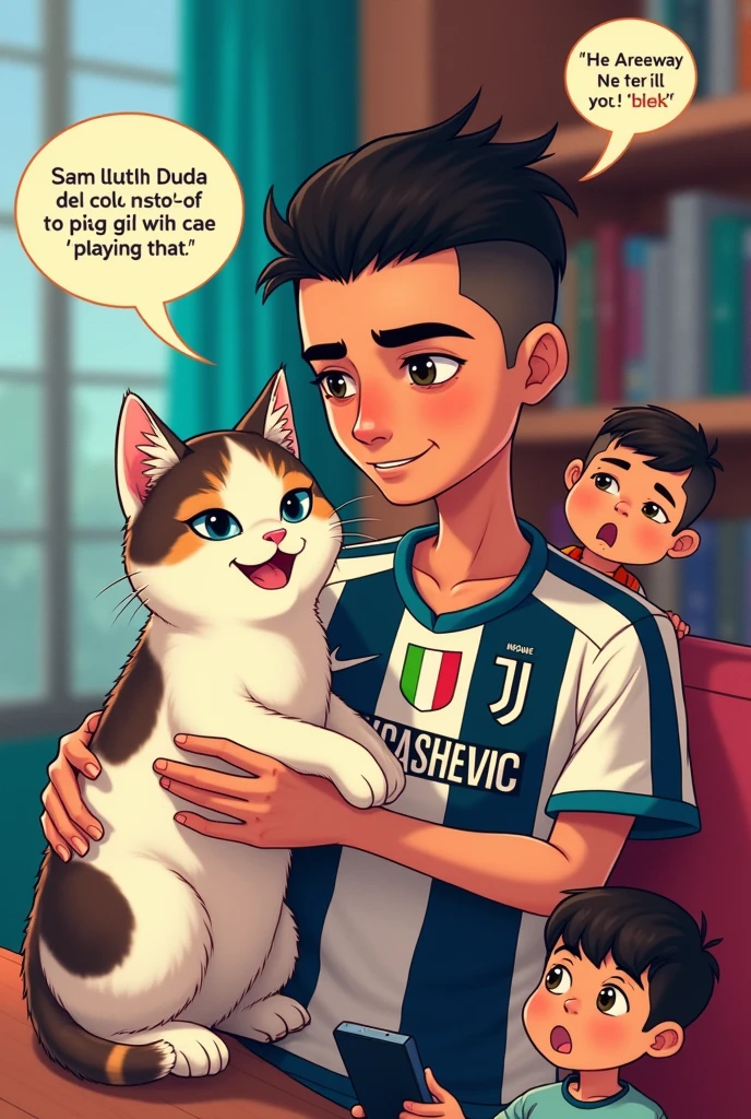 disegna un ragazzo di 14 anni magrissimo con la frangetta da cinese (buzz cut), col collo lunghissimo, con la maglia di vlahovic della Juventus mentre accarezza in modo sdolcinato e da gay il suo gatto bianco con chiazze marroni e nere.
nel retro si vede il telefono da cui escono nuvolette che illustra o i messaggi che i suoi messaggi gli inviano. Samuele duda gli scrive: Leo esci e non fare il gay con quel gatto; seba gli scrive: molla quel gatto.
inoltre si vede anche il suo piccolo fratellino simile a lui ma molto più piccolo sclera re su brawl stars con la testa rossa dalla rabbia