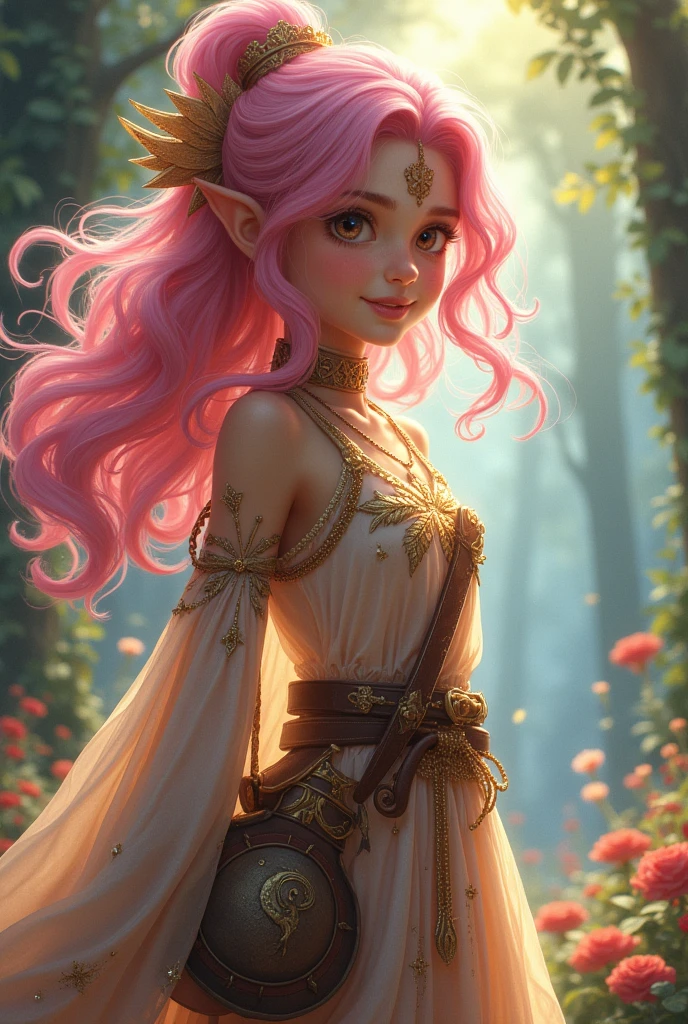 A very young and cheerful girl, She is an RPG character, her hair is pink and she has marks scattered across her body like mystical tattoos because she is the daughter of a fairy, She has elegant clothes for a musician because she is a bard, she has a mandolin and two beautiful rapiers, The marks she has are golden 