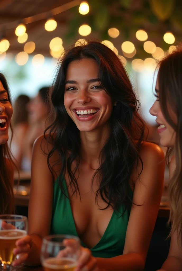 young woman, white-skinned, lightbrown eyes, with black wavy hair, wearing a green dress, semi tied hair, laughing with other female friends at a bar table. Open photo, getting all the other friends at the table