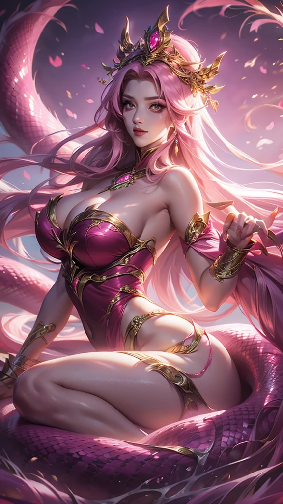 beauty,The alluring Serpent Maiden,.Lamia,Charming eyes,blush,Pink long flowing hair,Large Breasts,Semi-naked clothing,On a luxurious and beautiful European gauze bed