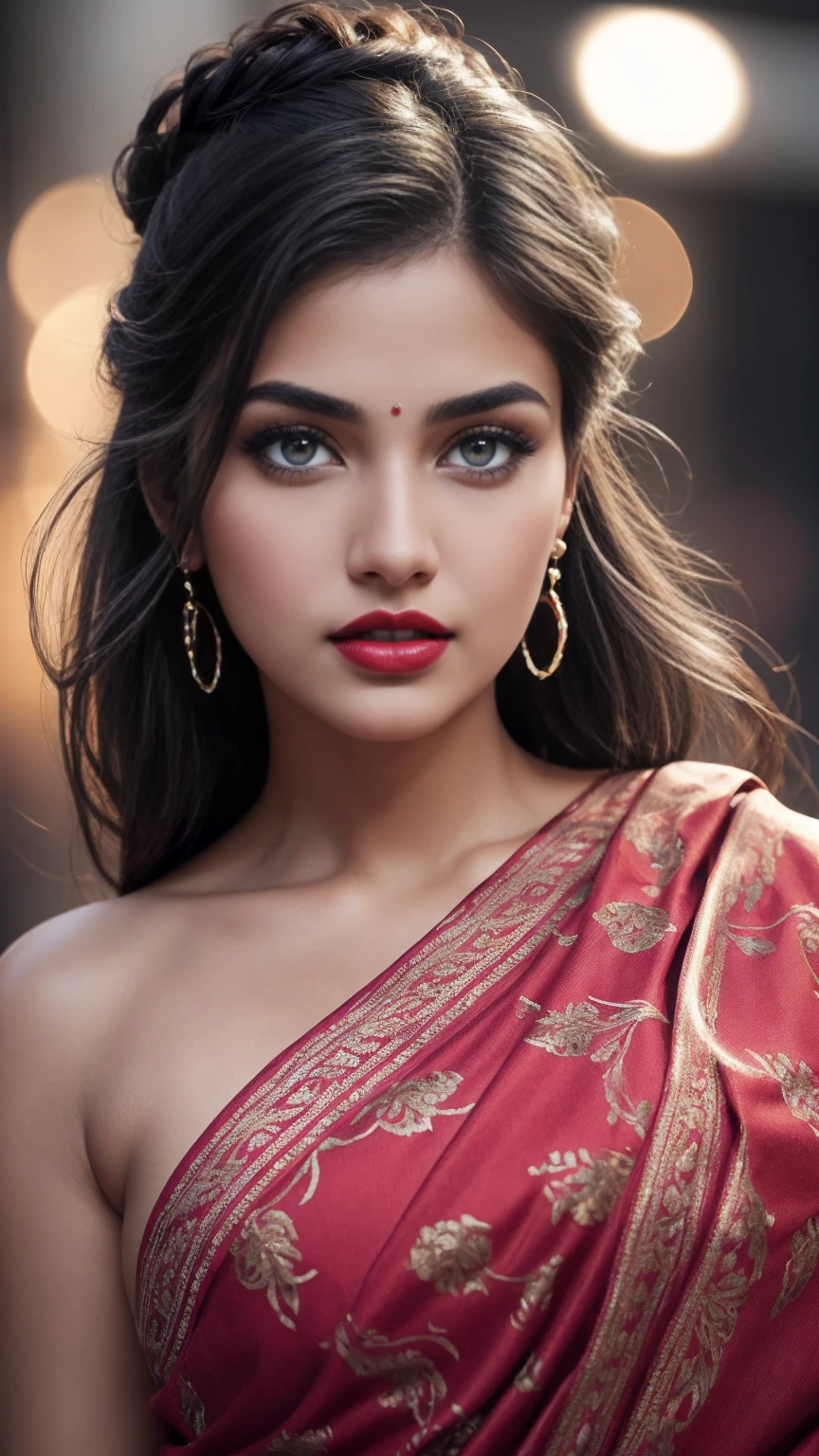 naked,big , night bokeh effect background, perfect pink eyes, fantastic face, Indian, beautiful look, ((red lips, bright eyes, curve heir 1.5)), ((beautiful details body)), A glorious gorgeous, glorious gorgeous face, pretty face, bright eyes, detailed elegant printed shirt, updo elegant hair, blurred gray tones background, ultra focus, face ilumined, face detailed, 8k resolution, painted, dry brush, brush strokes,