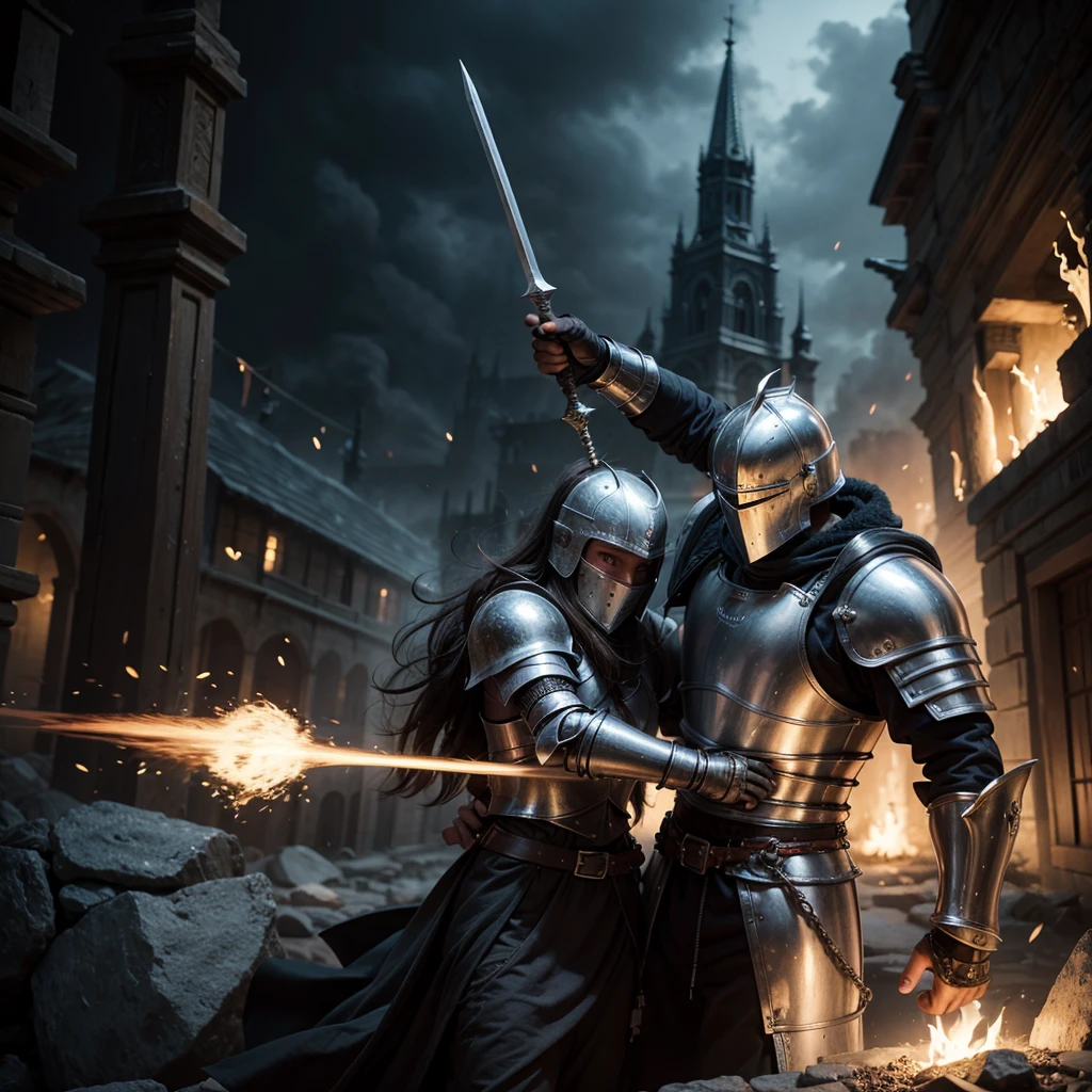 a knight fighting a mage