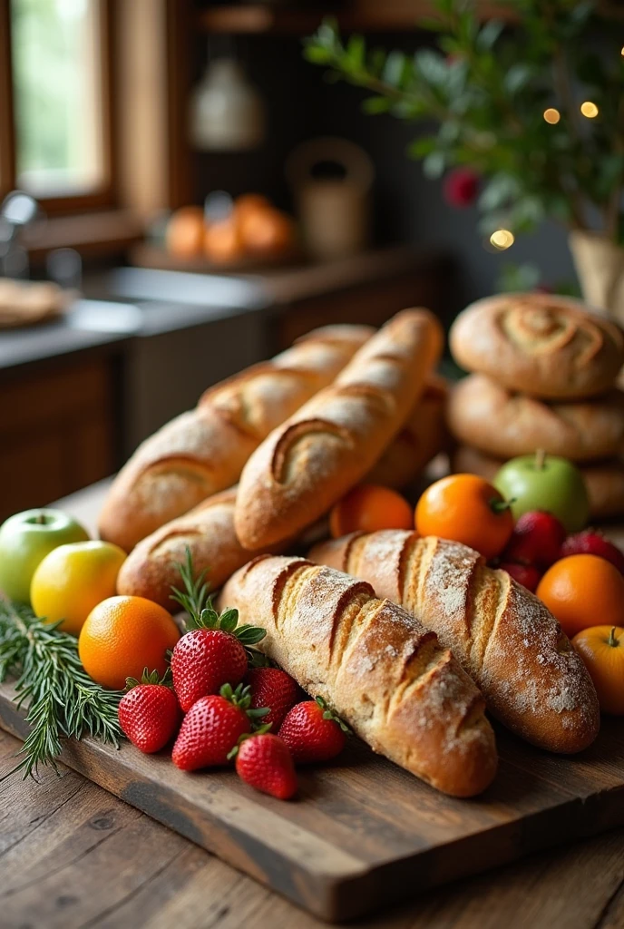 A rustic table with a variety of artisanal breads and fresh fruits. for a add