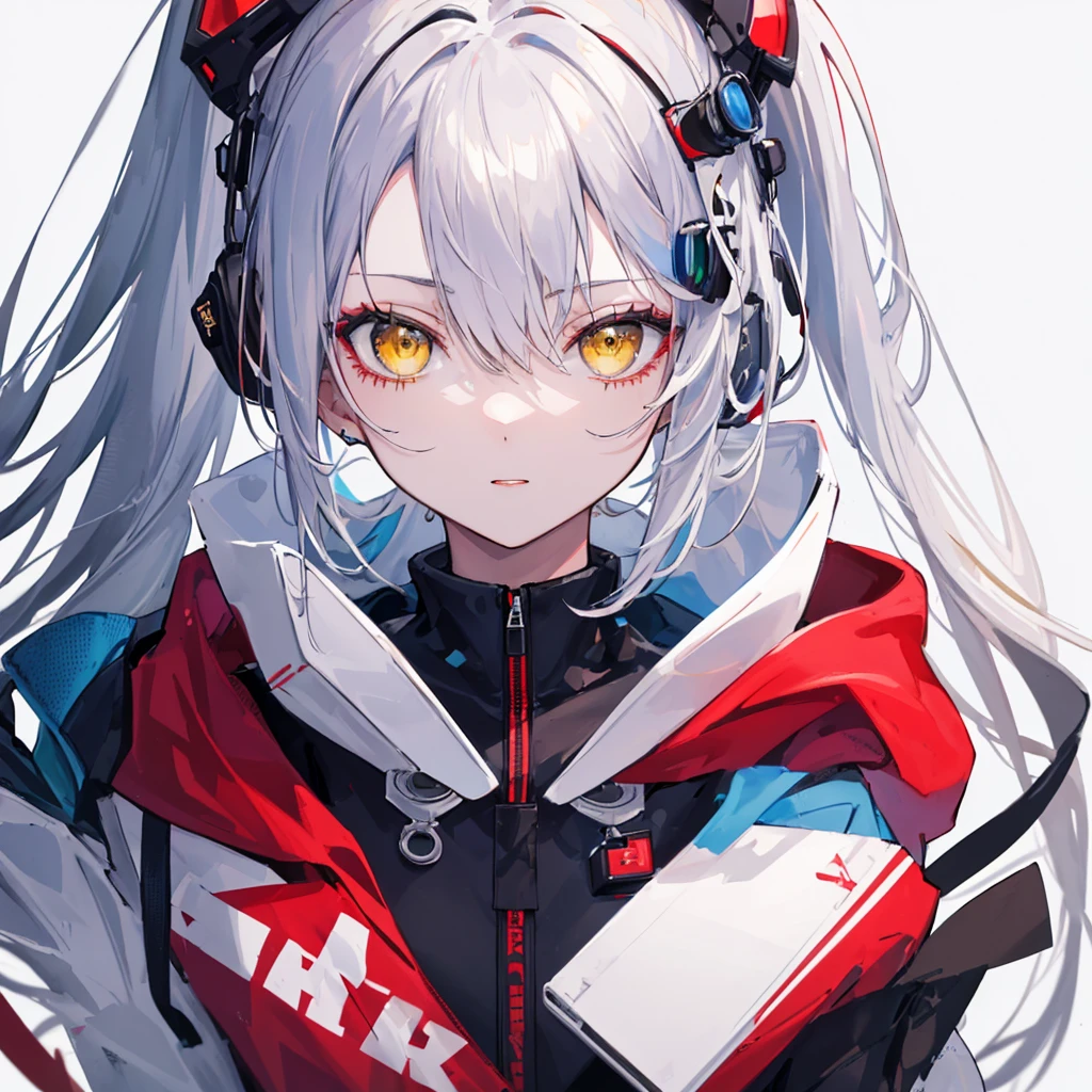 ((Highest quality)), ((masterpiece)), (detailed), ((Highest quality)), ((masterpiece)), (detailed), 1 girl, sexly, yellow eyes, long hair, ponytail, whole body, Portrait of a stylish 20 yo woman software engineer, ((with smart goggles)), white Futuristic clothing with blue and red accent colors, hoodie, ((simple background)), 